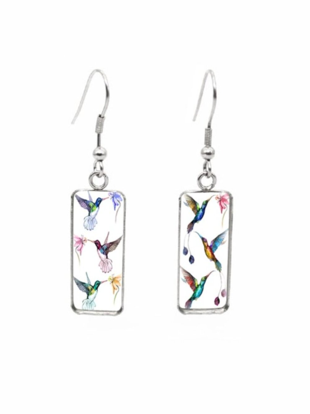 NWT Colourful Hummingbird Rectangle Drop Earrings, Silver-Tone Bird Earrings